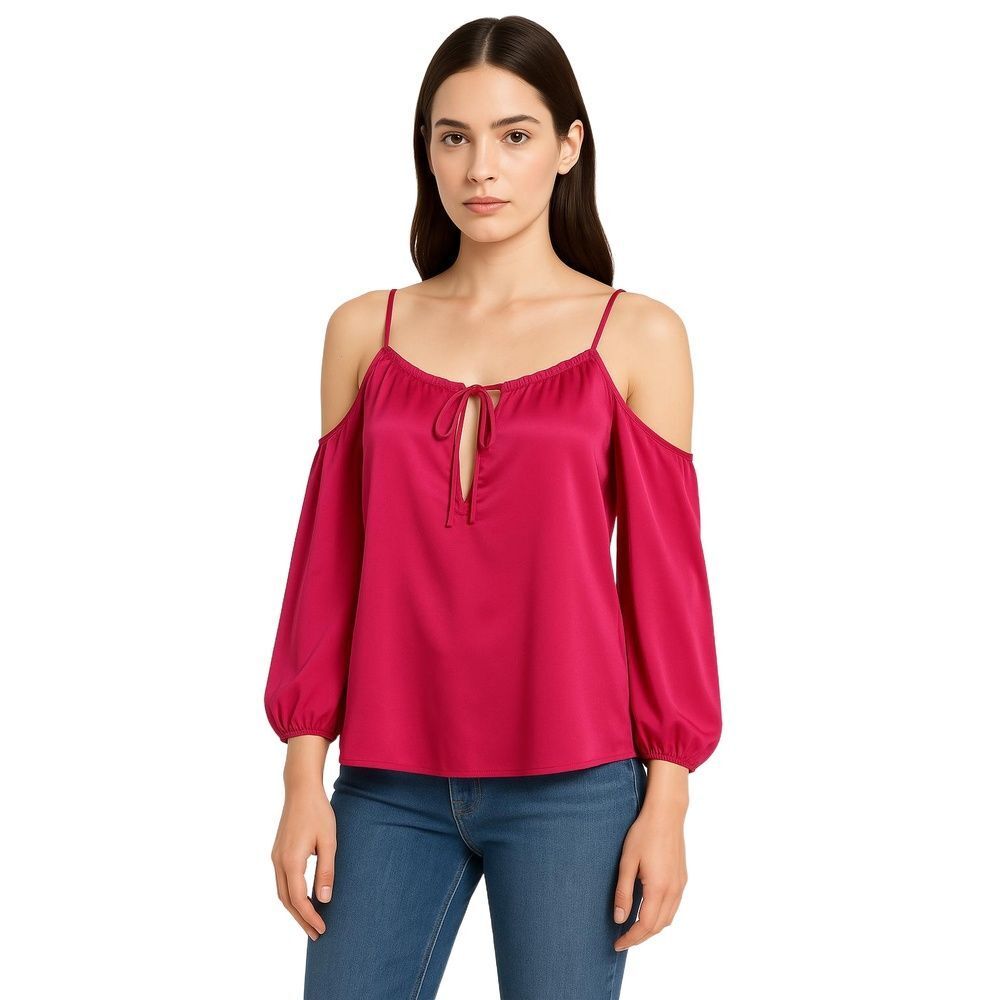 L'Academie Red Satin Tie-Front Cold-Shoulder Blouse Solid Minimalist Womens XS